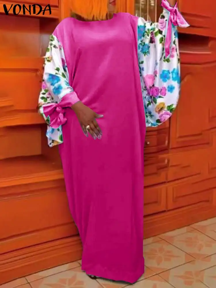 

VONDA 2023 Summer Women Bohemian Printed Dress Vintage Long Bat Sleeve Patwork Satin Silk Robe Femme Loose Casual Party Vestidos