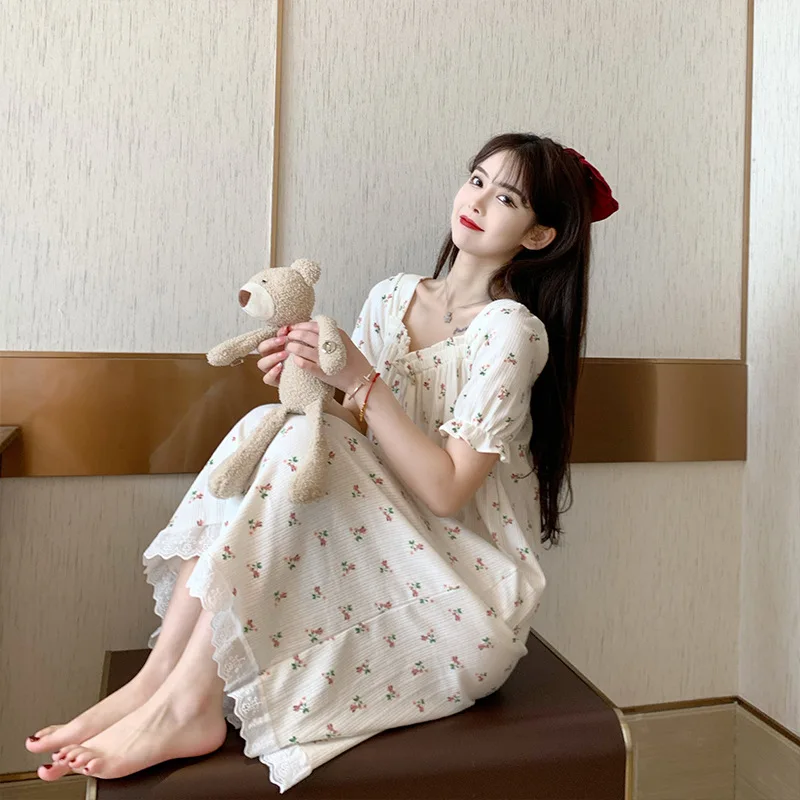 Solid Floral Sweets Summer Pajamas For Young Women 2023 Short Sleeve Lace Thin Sleepwear Square Collar Long Length Nightdress
