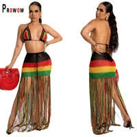 prowow women beach outfits halter cropped tops tassel skirt two piece summer clothing set crochet knitted lady striped suits
