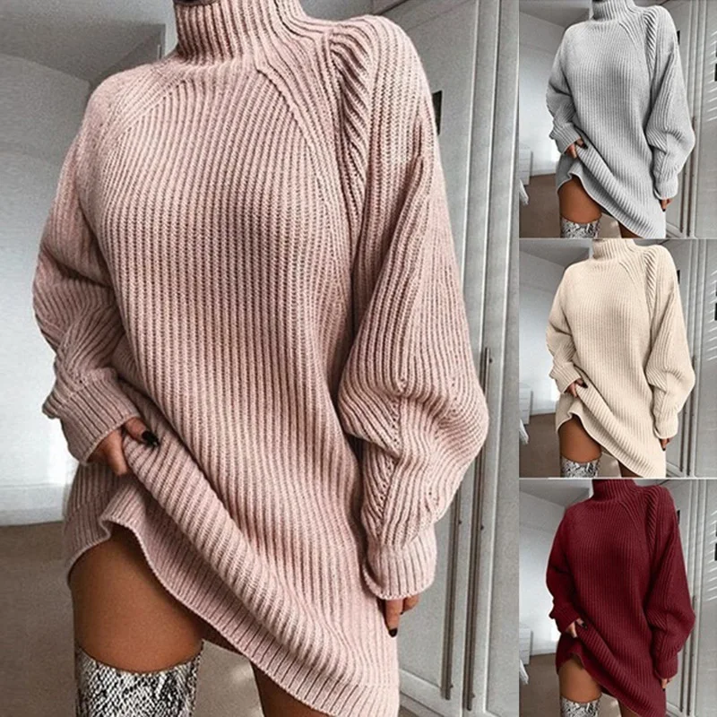 

2022 Knitwear Mid-length Raglan Sleeve Half Turtleneck Sweater Turtle Neck Women Solid Color Long Sleeve Knitted Sweater