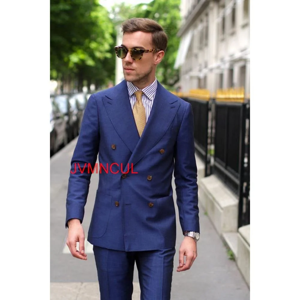 

2 Pieces Peak Lapel Double Breast Navy Blue Mens Business Suit Slim Fit Tailor Made Groom Tuxedos Man Formal Suit Blazer Pants