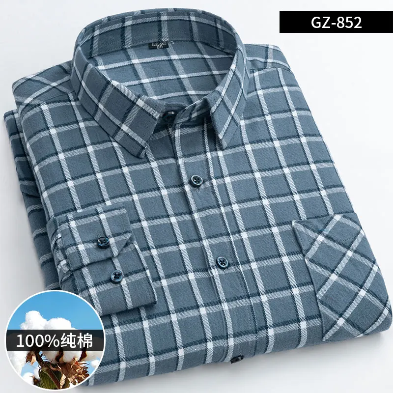 2023 New 100% Cotton Sanding Fabric  Men Casual Plaid Flannel Shirt Long-Sleeved Vintage Shirt Men's with Pocket
