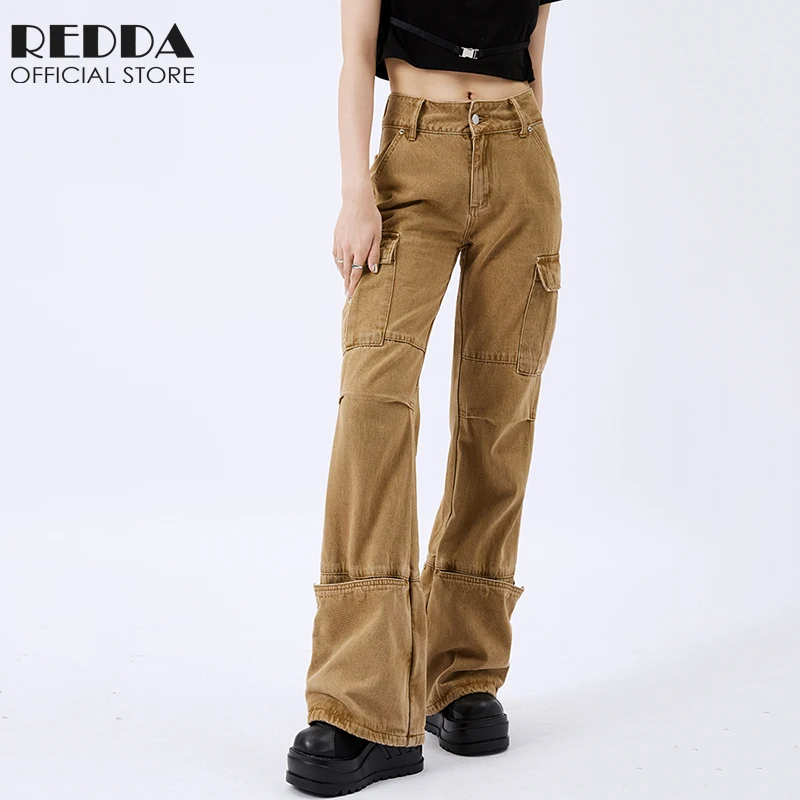 

Khaki Couple Jeans Multi-pocket Cargo Pants Zipper Ends Loose Straight Wide-leg Vibe Vintage Wash Denim Trousers for Men Women