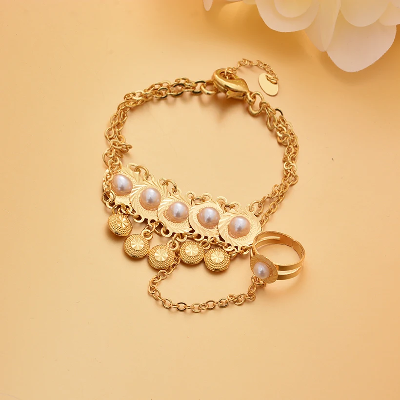 

Dubai Luxury Gold Color Bracelet With Ring For Baby Girls Boys Gold Plated Italy Design Style Children's Bracelet Jewelry Gift