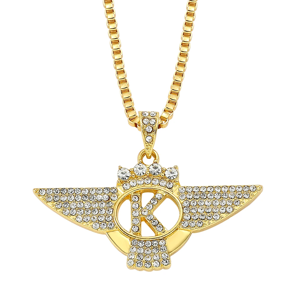 

Luxury Full Iced Out Rhinestone Necklace Gold Color Letter K Wing Crown Pendant Necklaces Hip Hop Rock Jewelry Choker for Men
