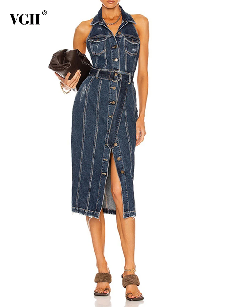 

Женское джинсовое платье без рукавов VGH, винтажное однобортное платье миди с отложным воротником и высокой талией, летняя одежда