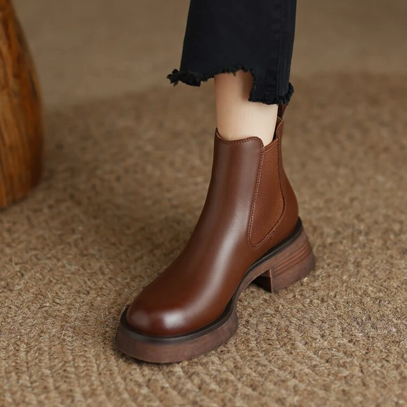 

NEW Fall Shoes Women Split Leather Boots Round Toe Chunky Heel Women Boots Winter Solid Slip-on Ankle Boots Western Boots Women