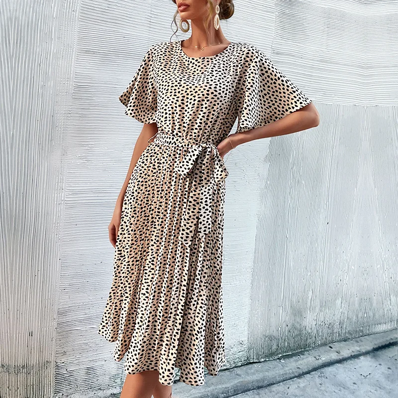 

2022 New Summer Midi Skirt Print Leopard Printed Waist Slim Dress Casual Belt Short Sleeve Long Folds Street Dresses Vestidos