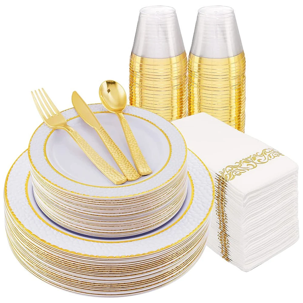 70Pcs Disposable Tableware White Plastic Tray With Gold Rim Golden Plastic Silverware Cup Napkin Combo Wedding Party Supplies