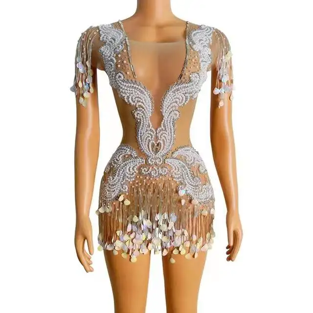 

Sexy Mesh Transparent Dance Dress Women Party Birthday Dress Nightclub Outfit New Rhinestones Peals Sequins Short Dress