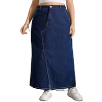women plus size maxi length denim skirt women streetwear casual pocket high waist straight long jeans denim pencil skirt blue