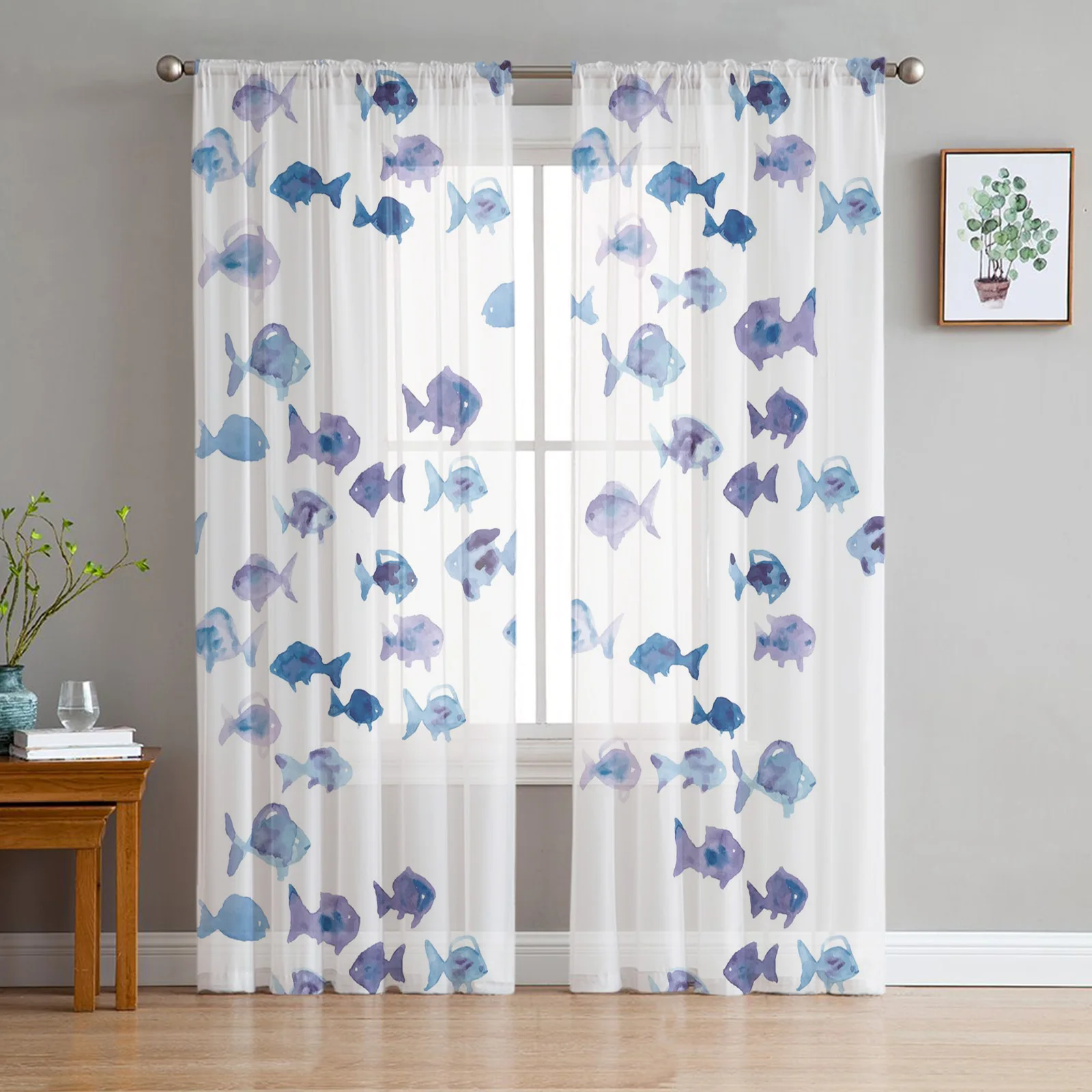 

Purple Fish Watercolor Painting Tulle Curtains For Living Room Bedroom Decoration Sheer Voile Window Curtains Party Drapes