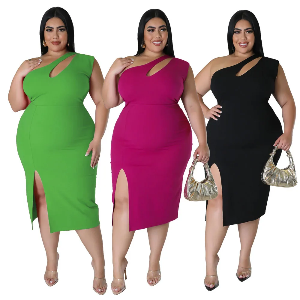 

Plus Size Clothing 4XL Summer One Shoulder Sleeveless Hollow Out Split Side Split Solid Sexy Women Party Bodycon Dresses