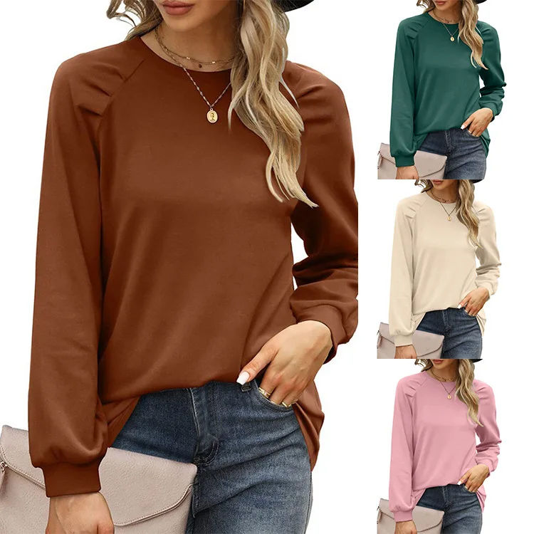 

2022 autumn and winter new women's casual round neck puff sleeve pullover solid color loose sweater women