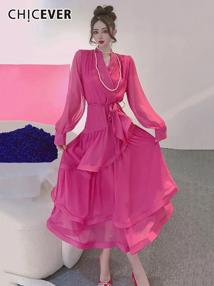 

CHICEVER Solid Casual Dress For Women V Neck Long Sleeve High Waist Loose Pullover Slim Dresses Females Summer Clothing Fashion