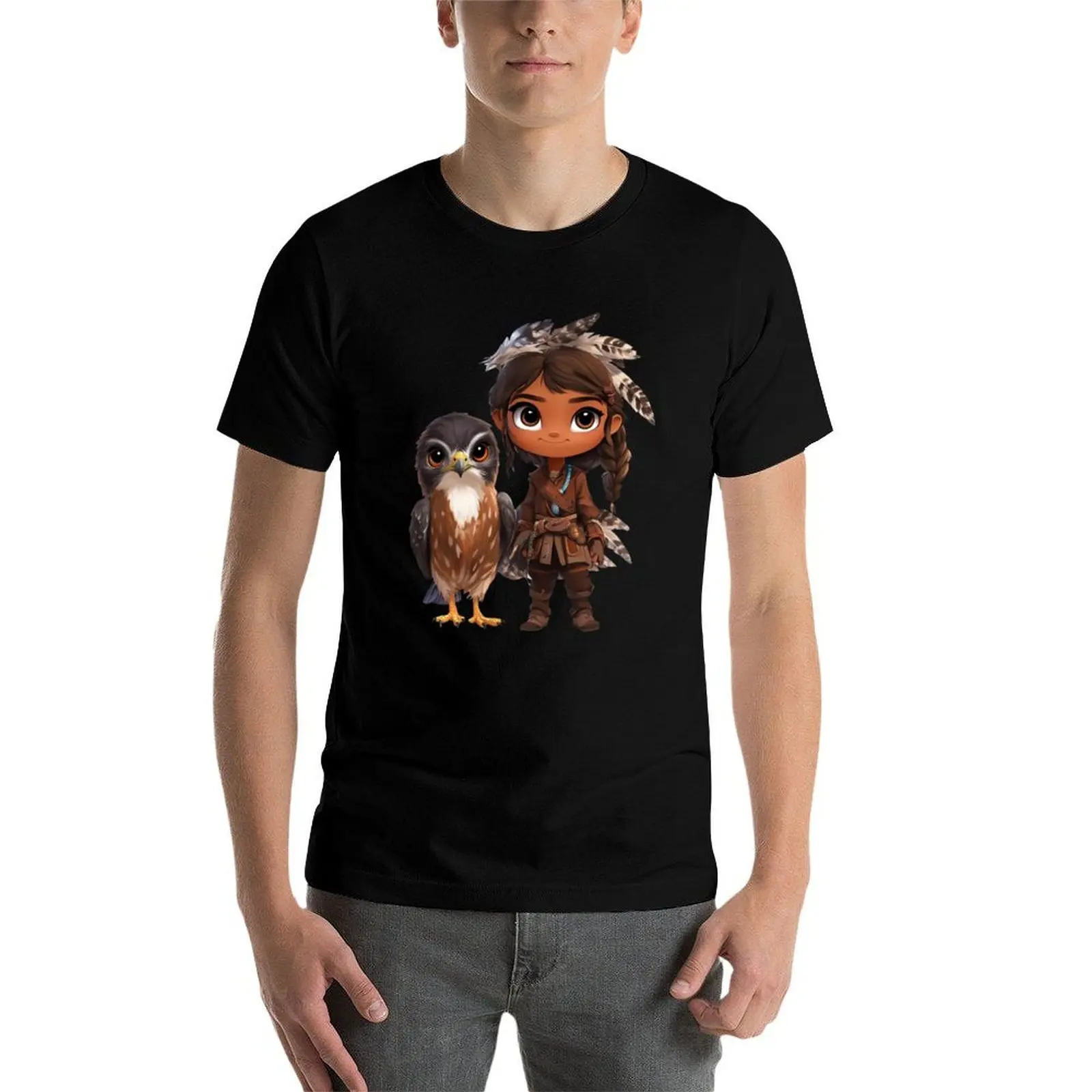 Фото Футболка Сhibi Tribal Girl with Hawk Companion в стиле фэнтези, винтажная футболка с рисунком, забавная мужская тренировочная рубашка №4