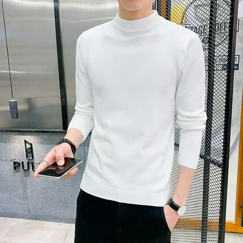 Мужской зимний вязаный свитер с высоким воротником однотонный базовый