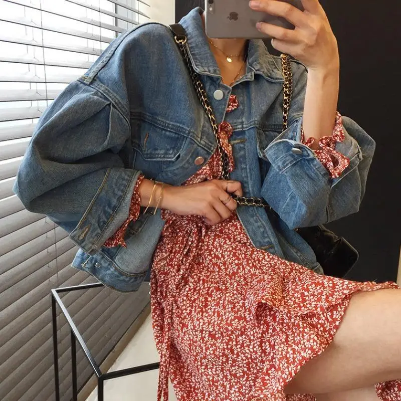 Korean Blue Women Denim Jacket Loose Single-breasted Pleated Puff Sleeve Short Vintage Autumn Chaqueta Mujer Casual Jeans Jacket