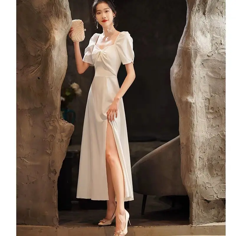 

2023 New Summer Casual Women's White Short-Sleeved Evening Dress Banquet Girl Sexy Slit Long Dress Strapless Chest Wrapping Bow