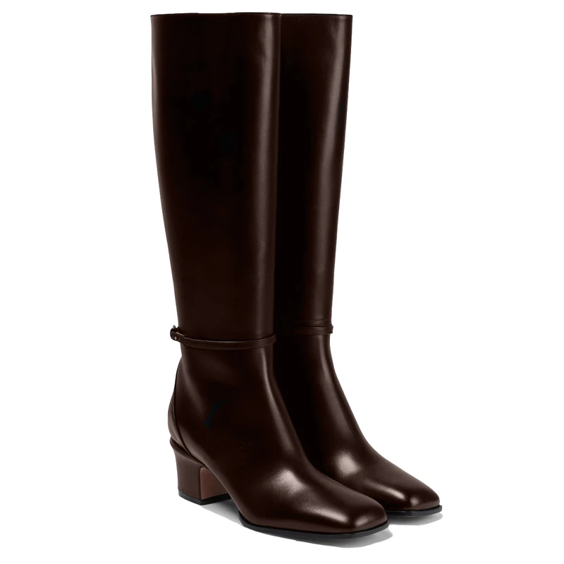 

2023 Autumn/Winter Fashion Women's High Block Heel Square Toe Side Zipper Knee high Boots Sexy Metal Decoration