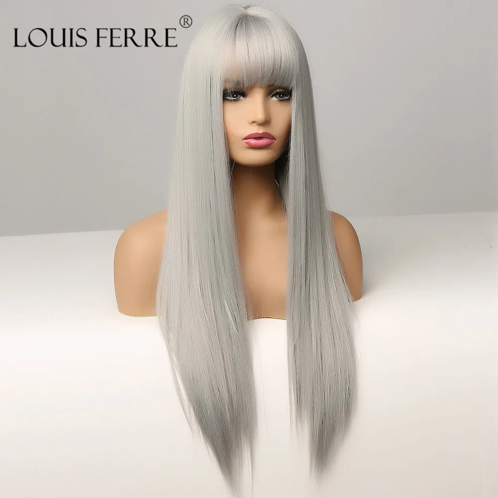 Парик LOUIS FERRE из чистого серого цвета с челкой Длинные шелковистые прямые