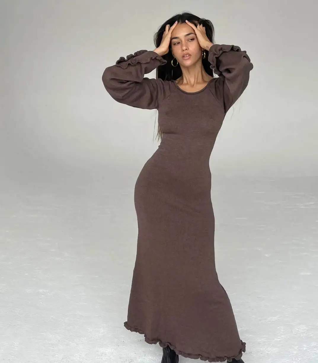 

Autumn Women Elegant Knitted Cotton Maxi Dress Sexy O-Neck Backless Lace Up Flare Sleeve Coffee Fashion High Waist Party Dresses