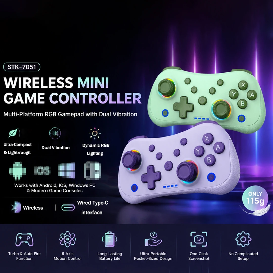 Фото Беспроводной мини-геймпад STK-7051 для Nintendo Switch, Android, iOS, ПК и Windows с двойной вибрацией, RGB-подсветкой и функцией Turbo №4