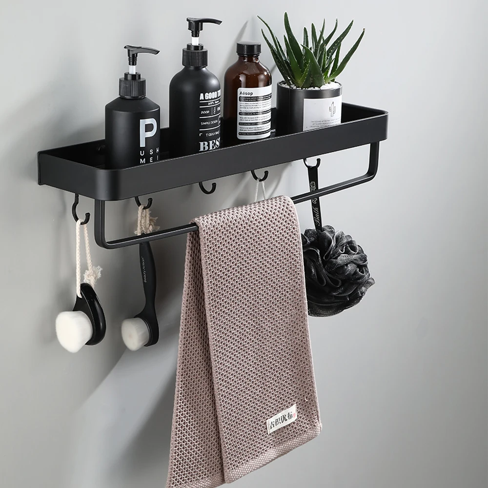 

Space Aluminum Bathroom Shelf Robe Hooks Bath Wall Mounted Shower Shelves Shampoo Holder Towel Bar Bathroom Hardware Accessories