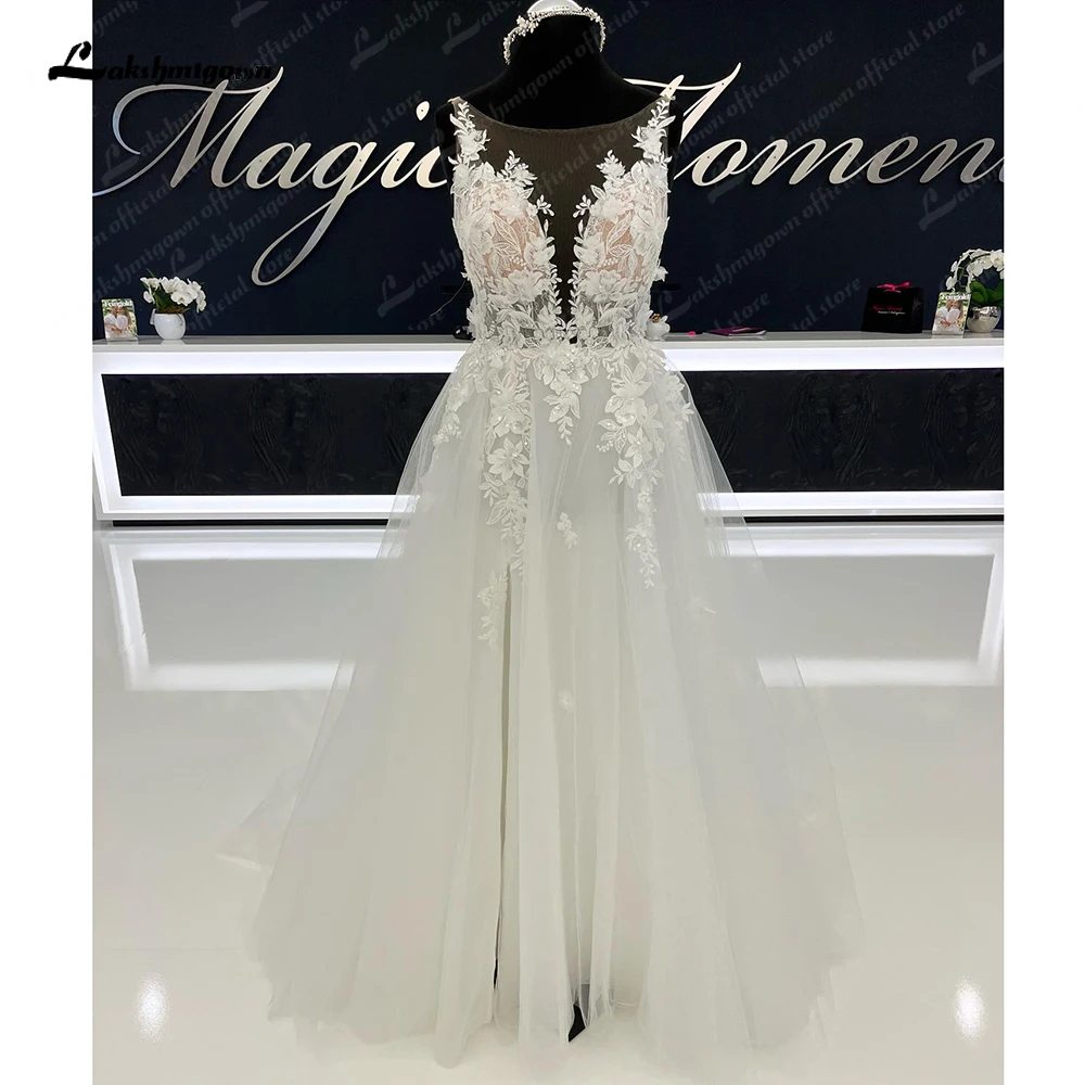 

Lakshmigown Lace Floral civil Boho Lace Bodice Tulle Sleeveless A Line Beach Wedding Dress for Women vestido novia sencillo