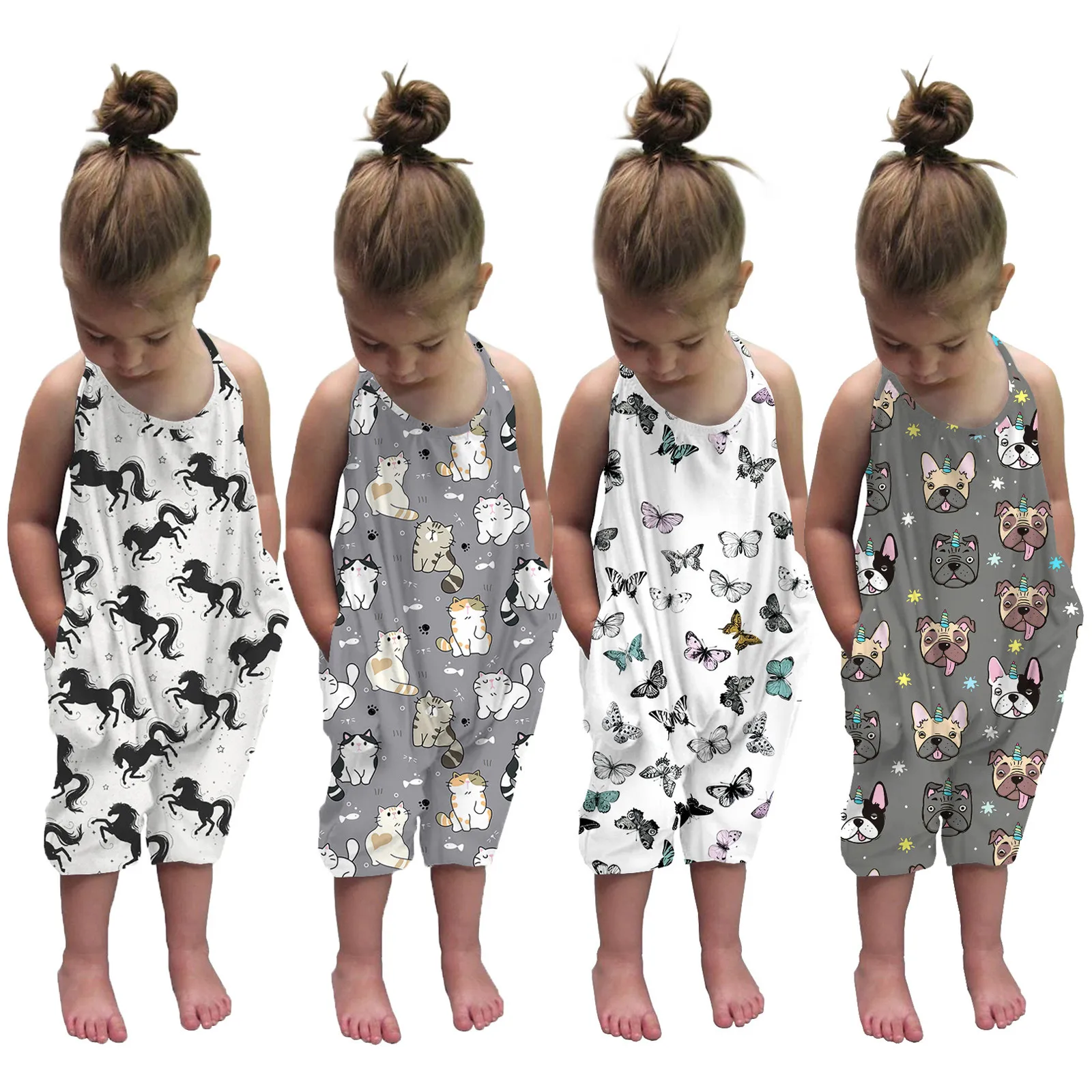 

Baby Girl Romper Cute Cartoon Print Jumpsuit For Kids Summer Casual Halter Newborn Infant Baby Girls Bodysuits With Pocket Hot