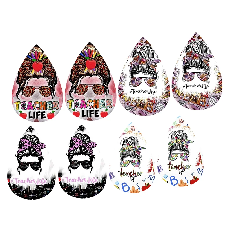 

Teacher Gift Faux Leather Teardrop Earrings Double Side Print 2022 New Style