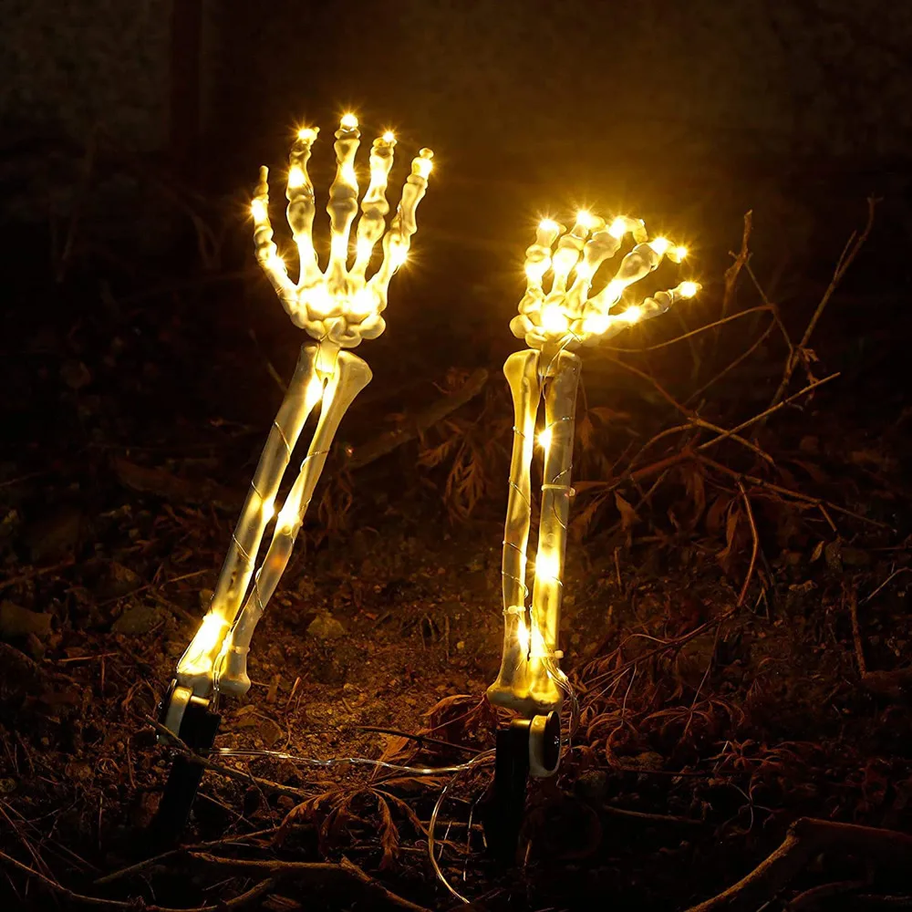 

2Pcs Halloween Lighted Skeleton Arm Stakes Lights Battery Powered Glowing Skull Hands with 40 LEDs Light Horror Garden Stakes