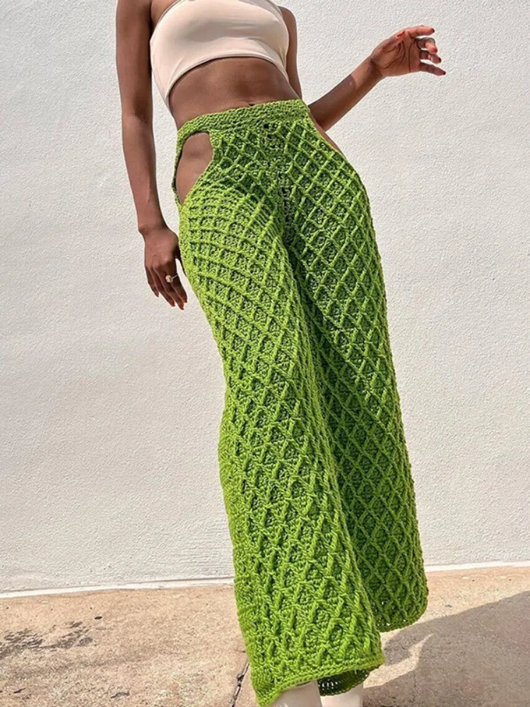 RDMQ 2023 Spring Sexy Cut Out Knit Crochet Pants Women  Green Loose Female Beach Pant Fashion Wide Leg Calças Ladies Trousers
