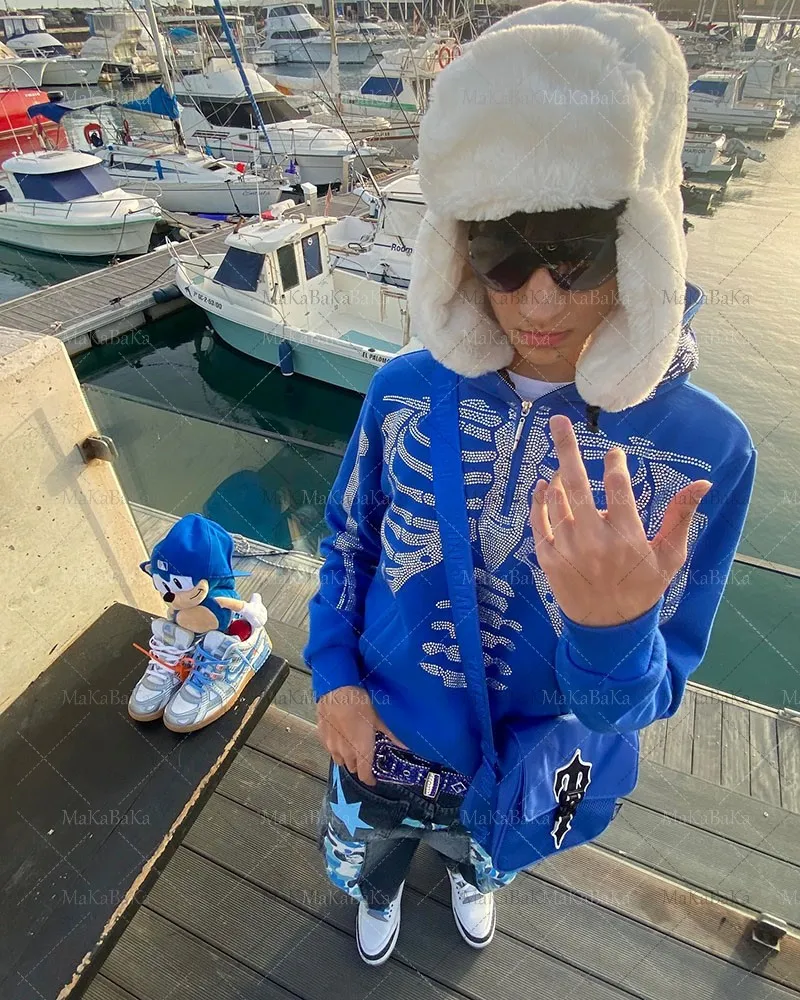 

2023 Y2K Men Fashion Hoodie Skull Rhinestone ZipUp Hoodie grunge Oversized Sweatshirt Punk Harajuku Long Sleeve Outerwear Y2k