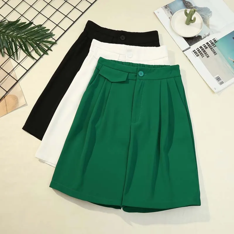 

Бело-зеленые Костюмные брюки для девочек, эластичные плиссированные короткие брюки с высокой талией, женские летние прямые широкие драпиро...