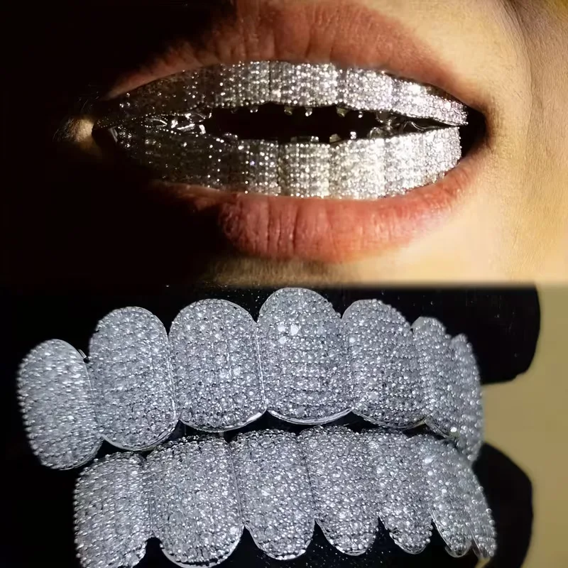 Фото Набор зубных протезов TOPGRILLZ Bling CZ для мужчин и женщин, полностью инкрустированный цирконием, для верхней и нижней челюсти, золотистого и серебристого цвета, съемные зубные украшения №1
