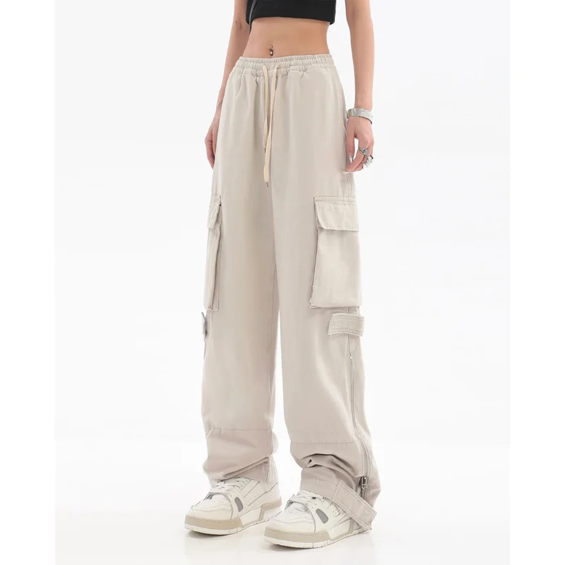 

Cotton American Street Straight Cargo Pants Men Hip Hop Casual Wide Leg Trousers Women Full Length Solid Safari Style Pockets
