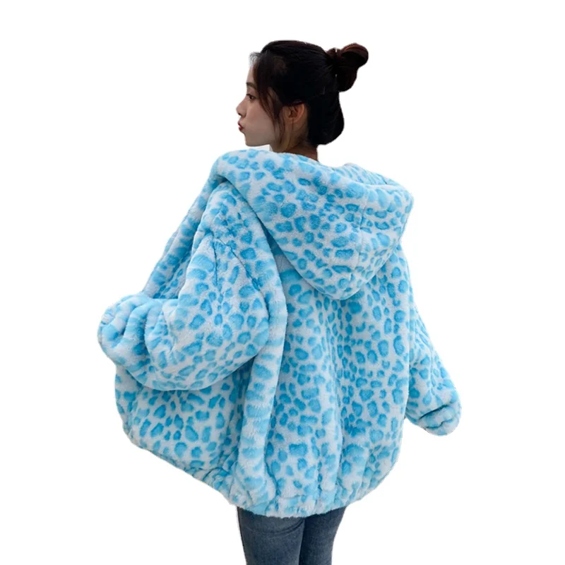 2022 Autumn and Winter New Blue Color Leopard Print Faux Fur Coat Hooded Mid-Length Cute Sweet Girl Loose Street Overcoats