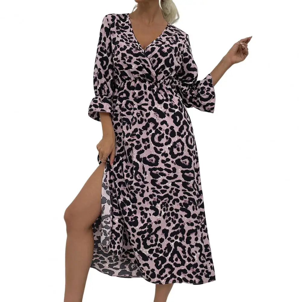 

Dresses for Women 2022 Autumn V Neck Long Sleeves Elastic Waist Tight High-Waist Split Hem Spring Leopard Print Dress Streetwear