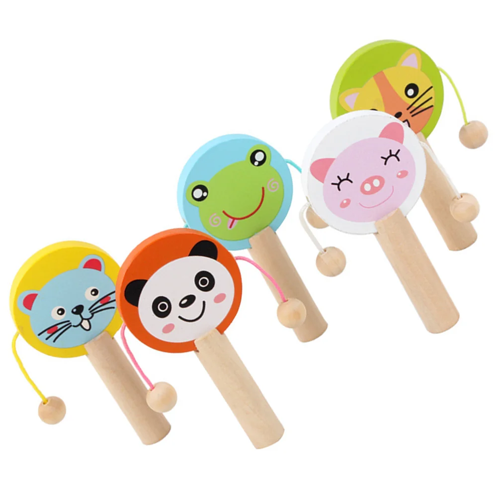 

5 Pcs Wave Drum Cartoon Wooden Baby Music Toy Toddler Printing Hand Handheld Child Kid