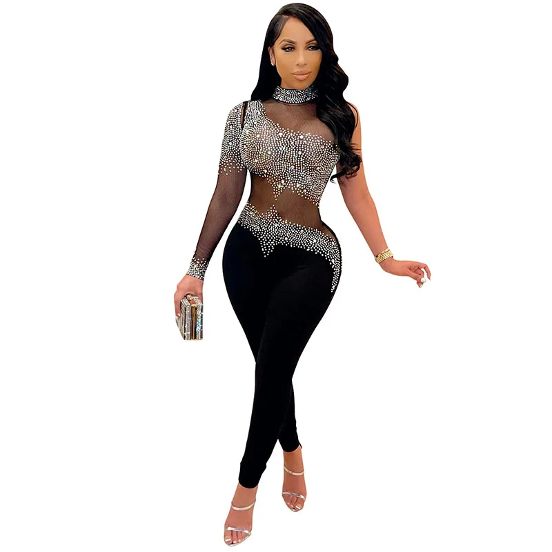 Sheer Mesh Jumpsuit 2023 Elastic One Shoulder Party Rompers And Jumpsuits For Women Long Sleeve One Piece Romper Fashion Sexy