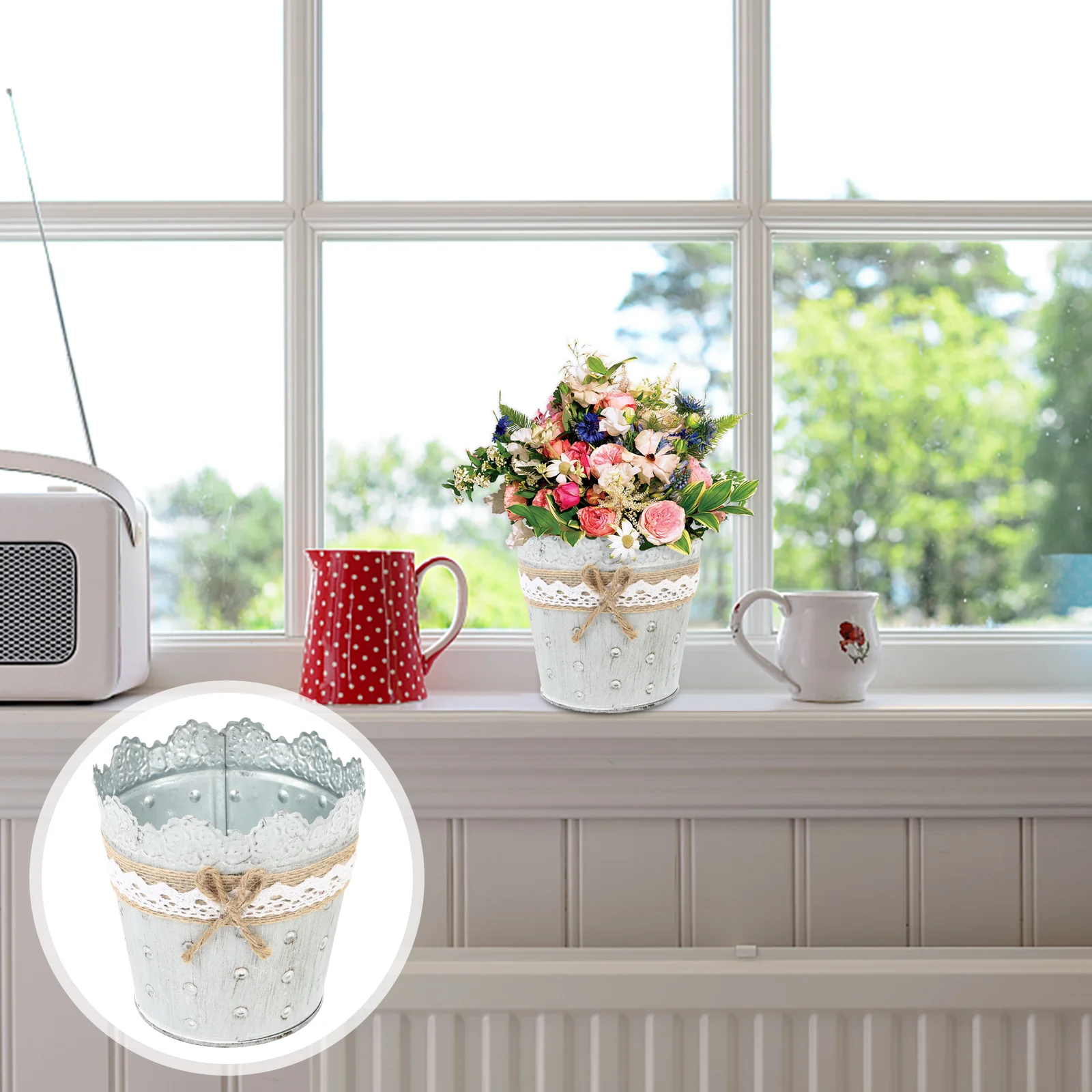 

Flowerpot Table Top Decor Iron Bucket Holders For Garden Vintage Gardening Sheet Linen Lace Pots