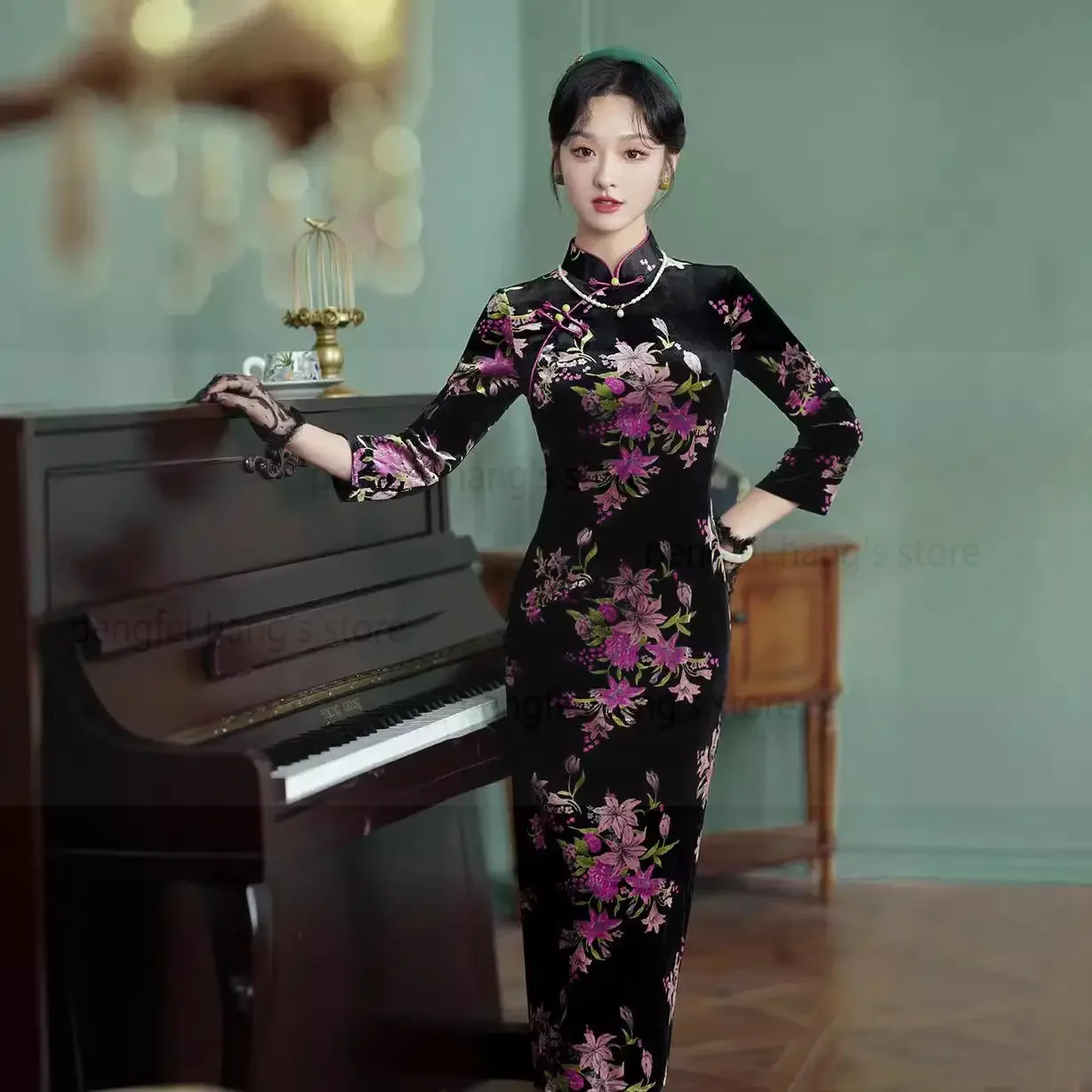 Женское элегантное зимнее теплое велюровое платье Ципао традиционное с