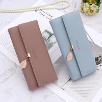 fashion pu leather 3 fold long wallets for women 2022 new small fresh leaf pendant card holder solid color zipper ladies clutch