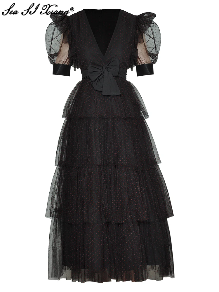 

Женское Сетчатое платье с V-образным вырезом, рукавами-фонариками и поясом