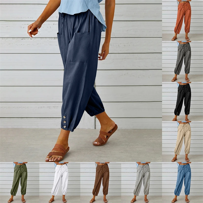 

Women Summer New Casual Loose Oversized Long Trousers Fashion Cotton Linen Pockets Wide-Leg Pants Drawstring Solid Pantalon