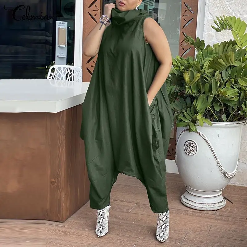 

Celmia Women Sleeveless Baggy Jumpsuit 2022 New High Collar Stacking Rompers Casual Loose Dropped Crotch Harem Pants Overalls