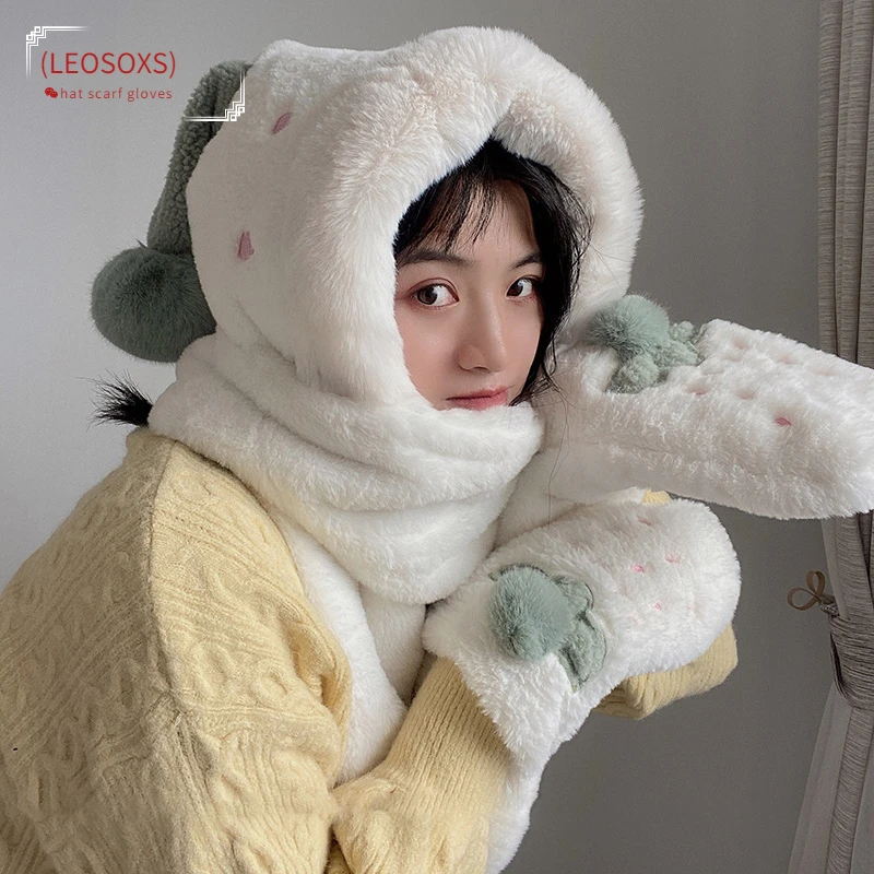 

New Sweet Fashion Women's Lei Feng Hat Winter Warm Plush Thickening Imitation Plush Cute Girl Hat Scarf Gloves Three-Piece Suit