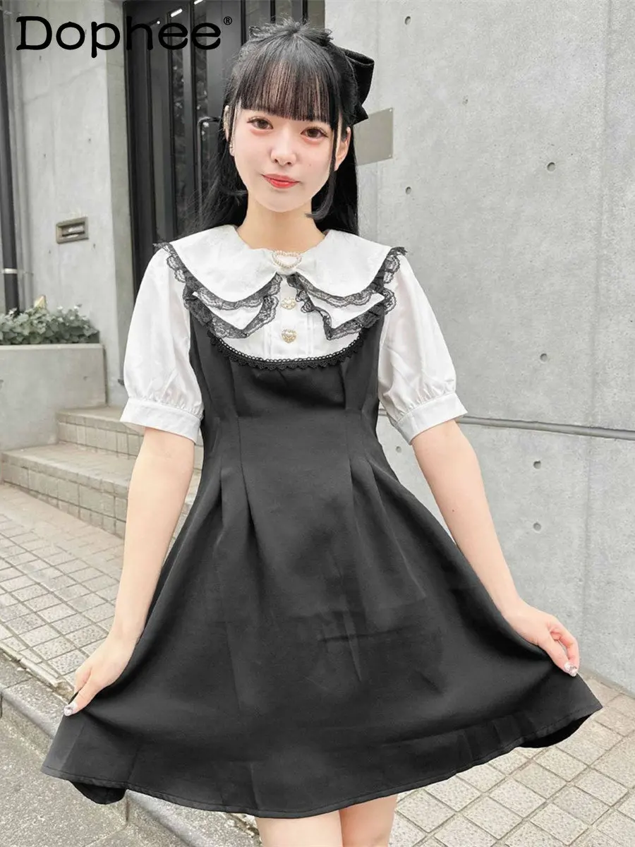 

Japanese Rojita Women Dress Sweet Cute Doll Collar Short Sleeve Fresh Lace Pleated Dress Girls Lolita Preppy Style Student Dress