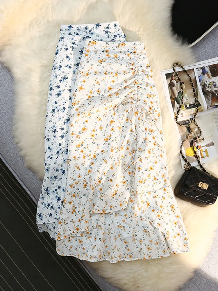 

Syiwidii Shirring Mermaid Skirts for Women 2022 Summer Floral Print Sexy Chiffon Midi Long Skirt Korean Fashion Elegant Skirts
